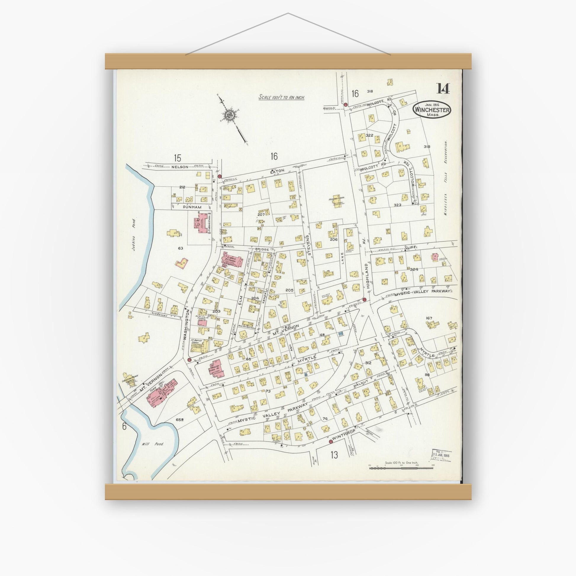 Old map wall art mockup — magnetic wood frame on white wall — Sanborn Fire Insurance Map from Winchester, Middlesex County, Massachusetts (1916), Sheet #0014