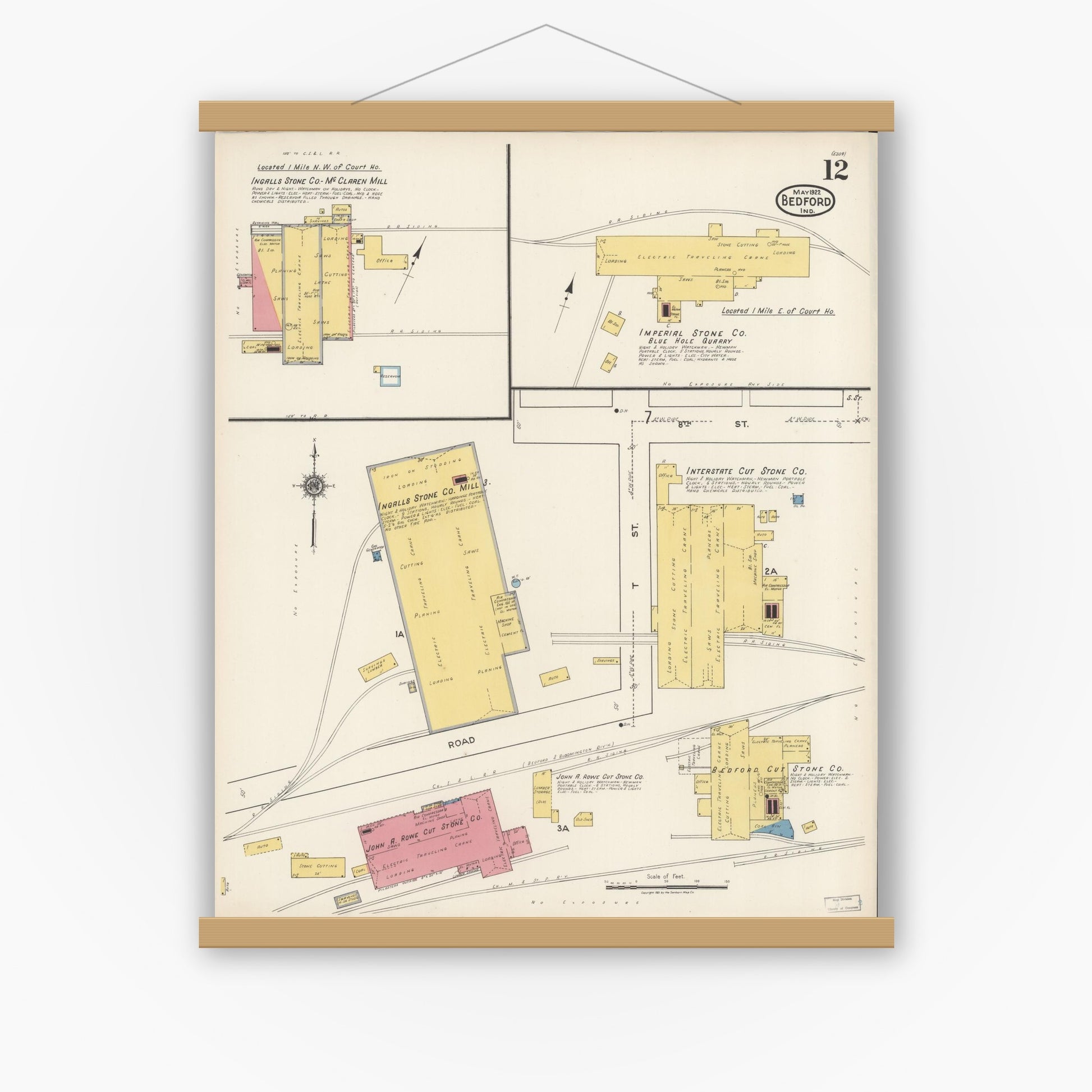 Old map wall art mockup — magnetic wood frame on white wall — Sanborn Fire Insurance Map from Bedford, Lawrence County, Indiana (1922), Sheet #0012