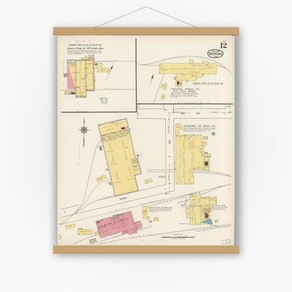 Old map wall art mockup — magnetic wood frame on white wall — Sanborn Fire Insurance Map from Bedford, Lawrence County, Indiana (1922), Sheet #0012