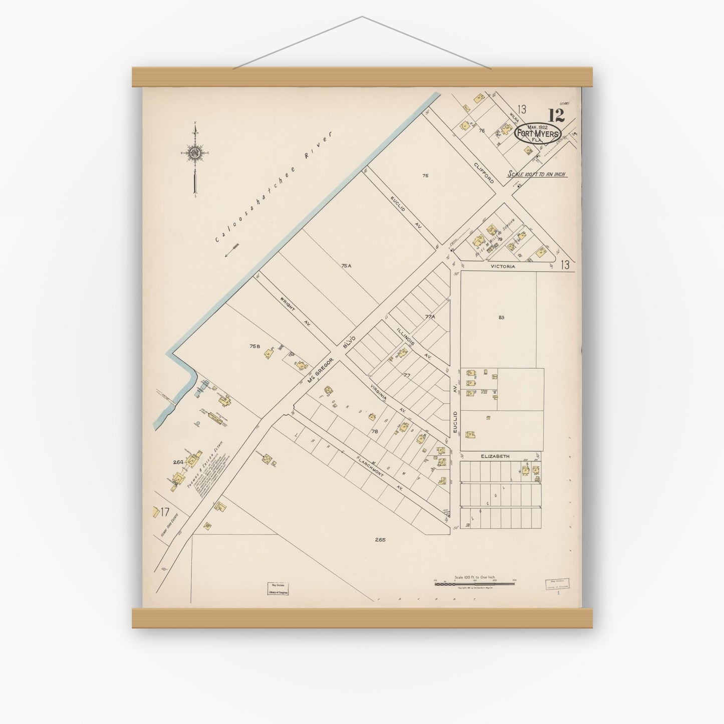Old map wall art mockup — magnetic wood frame on white wall — Sanborn Fire Insurance Map from Fort Myers, Lee County, Florida (1922), Sheet #0012