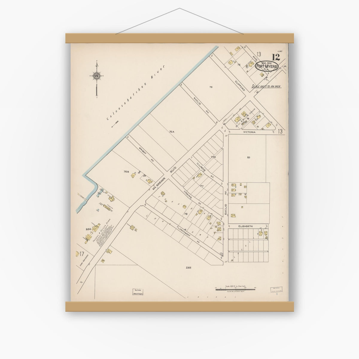 Old map wall art mockup — magnetic wood frame on white wall — Sanborn Fire Insurance Map from Fort Myers, Lee County, Florida (1922), Sheet #0012