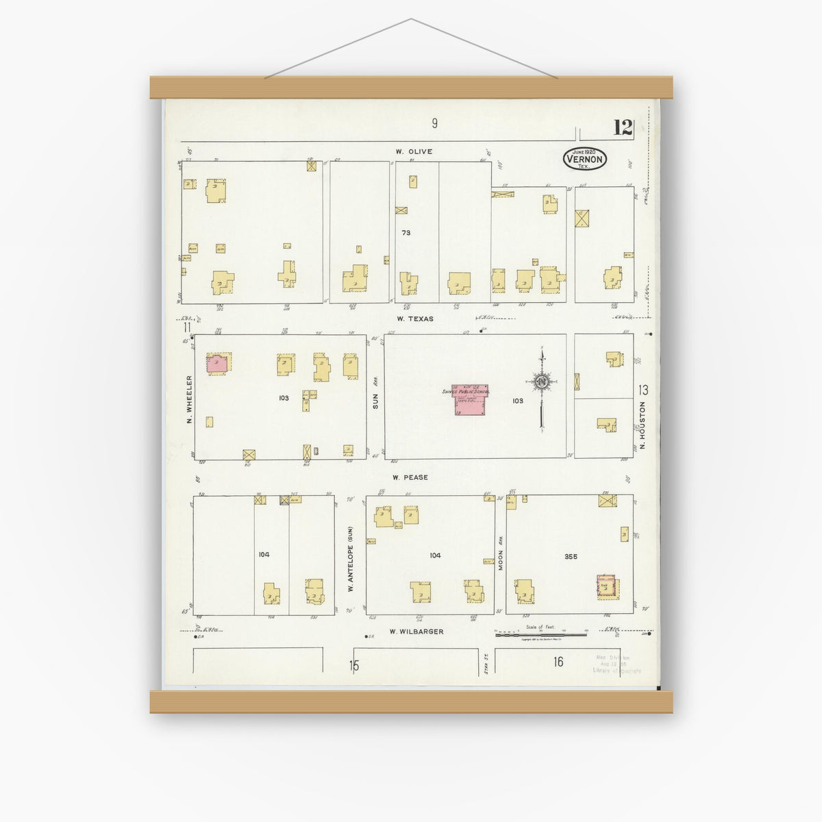 Old map wall art mockup — magnetic wood frame on white wall — Sanborn Fire Insurance Map from Vernon, Wilbarger County, Texas (1920), Sheet #0012