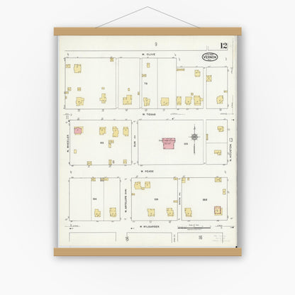 Old map wall art mockup — magnetic wood frame on white wall — Sanborn Fire Insurance Map from Vernon, Wilbarger County, Texas (1920), Sheet #0012