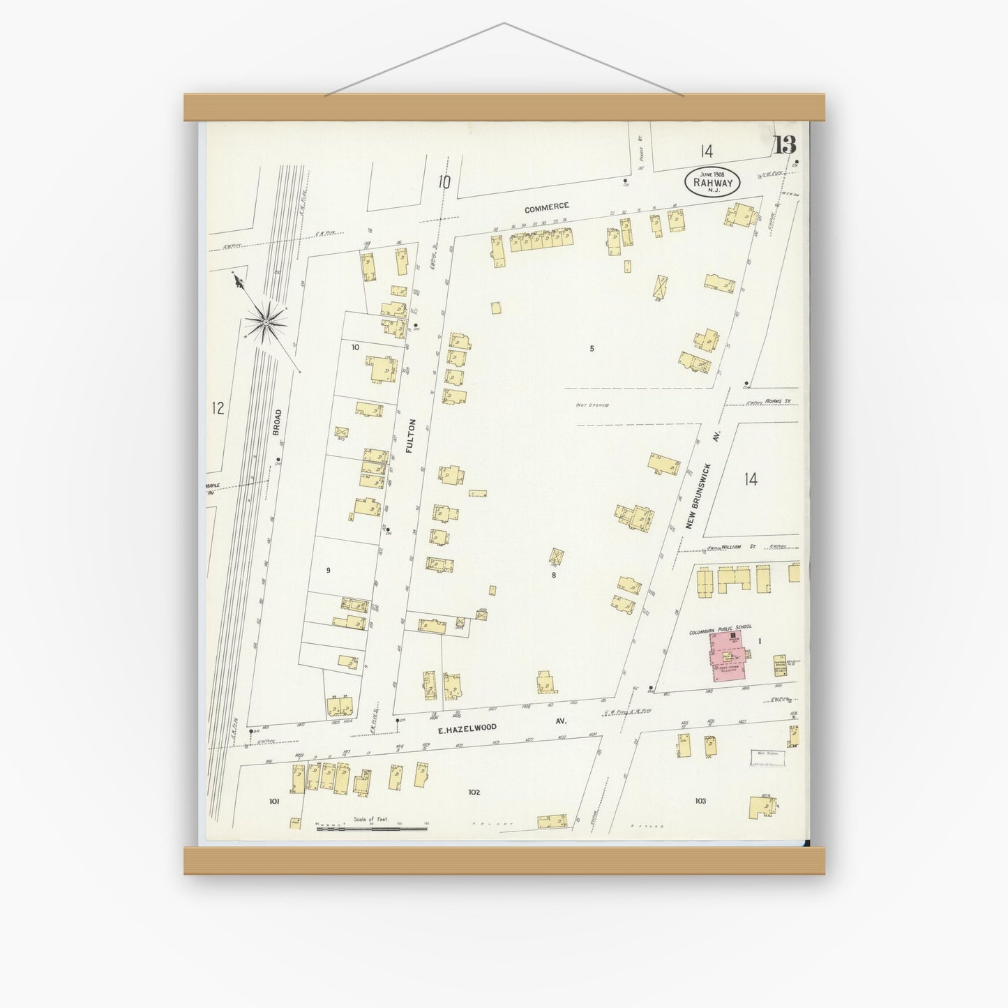 Old map wall art mockup — magnetic wood frame on white wall — Sanborn Fire Insurance Map from Rahway, Union County, New Jersey (1908), Sheet #0013