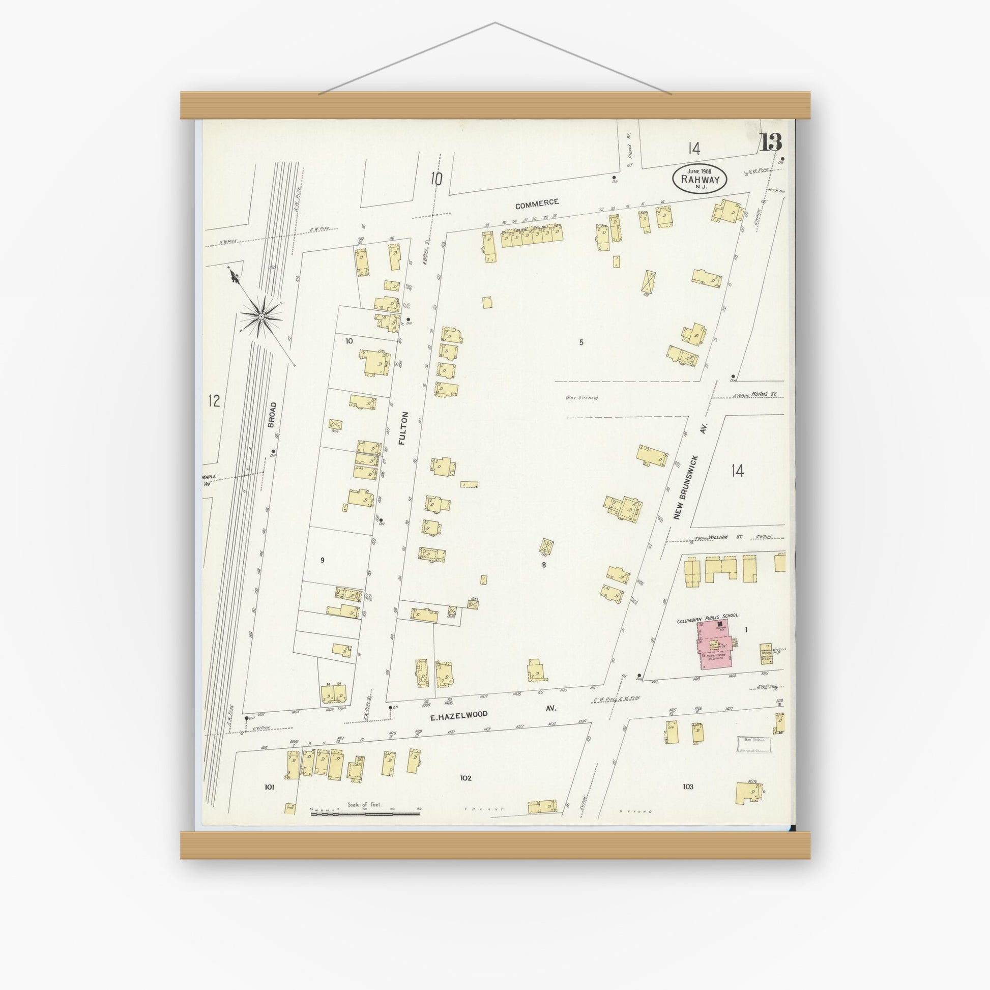 Old map wall art mockup — magnetic wood frame on white wall — Sanborn Fire Insurance Map from Rahway, Union County, New Jersey (1908), Sheet #0013