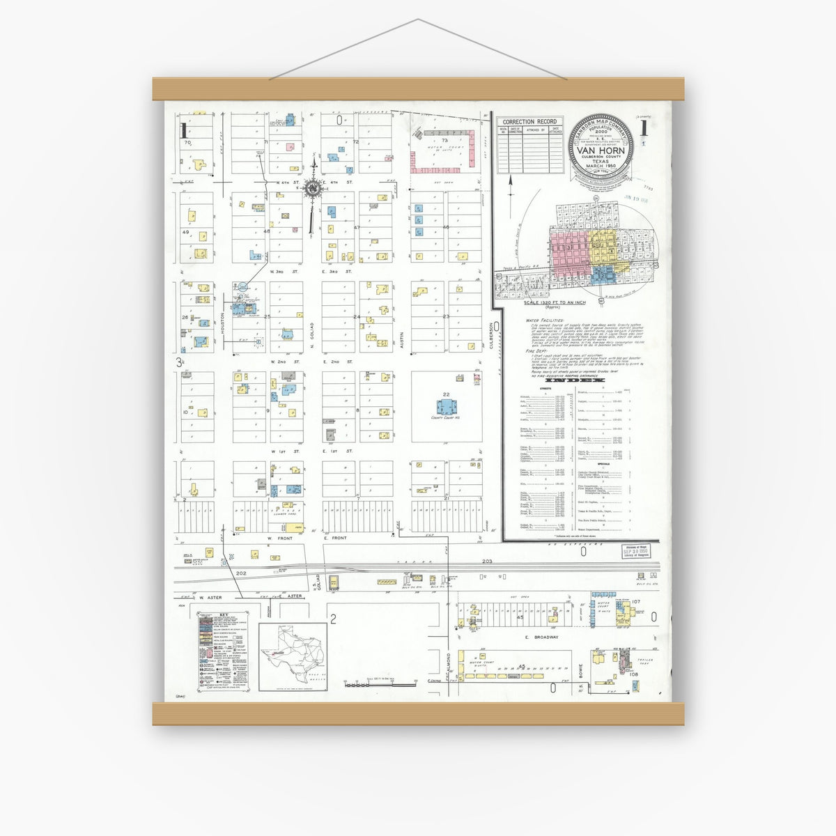 Old map wall art mockup — magnetic wood frame on white wall — Sanborn Fire Insurance Map from Van Horn, Culberson County, Texas (1950), Sheet #0001