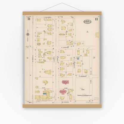 Old map wall art mockup — magnetic wood frame on white wall — Sanborn Fire Insurance Map from Gainesville, Alachua County, Florida (1922), Sheet #0011