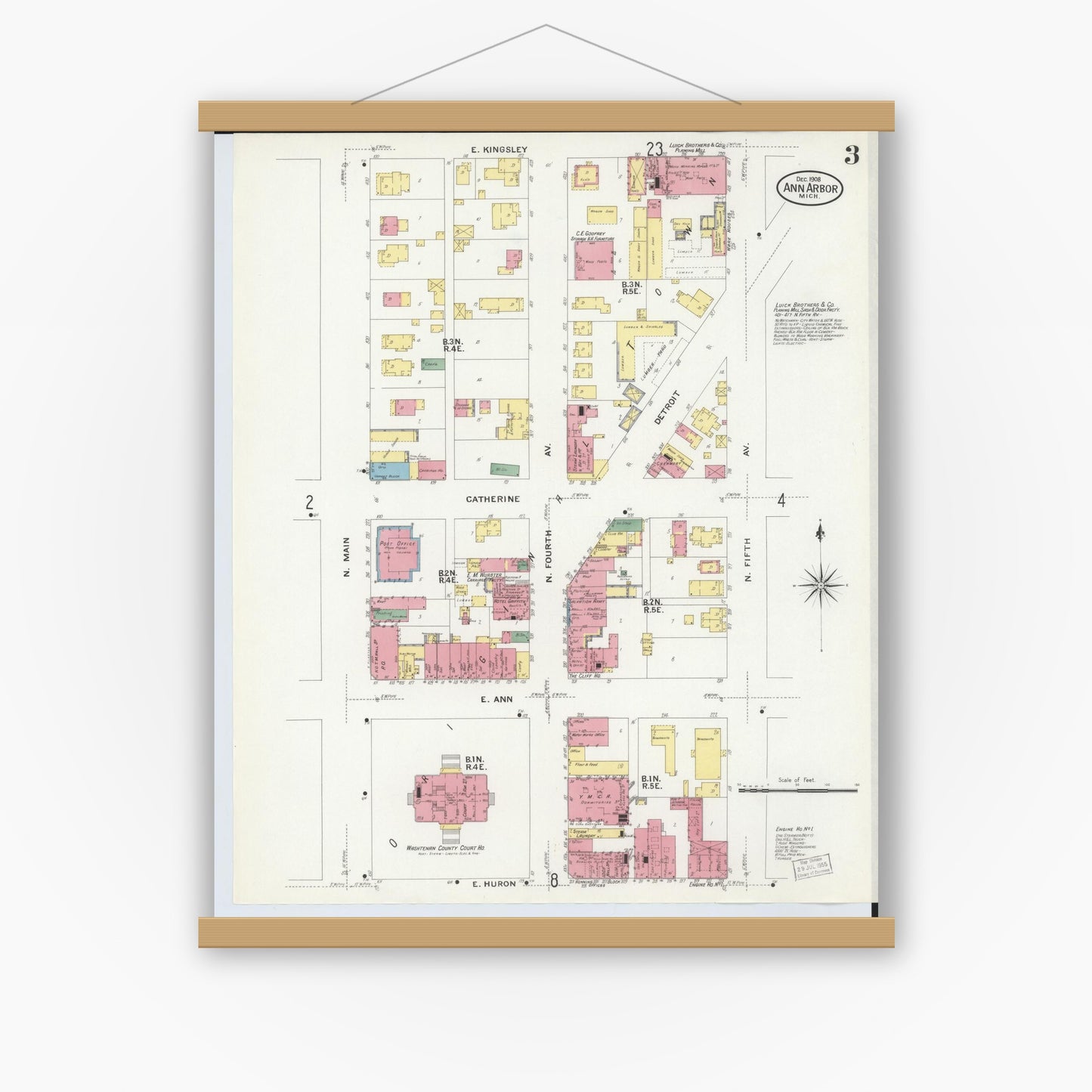 Old map wall art mockup — magnetic wood frame on white wall — Sanborn Fire Insurance Map from Ann Arbor, Washtenaw County, Michigan (1908), Sheet #0003