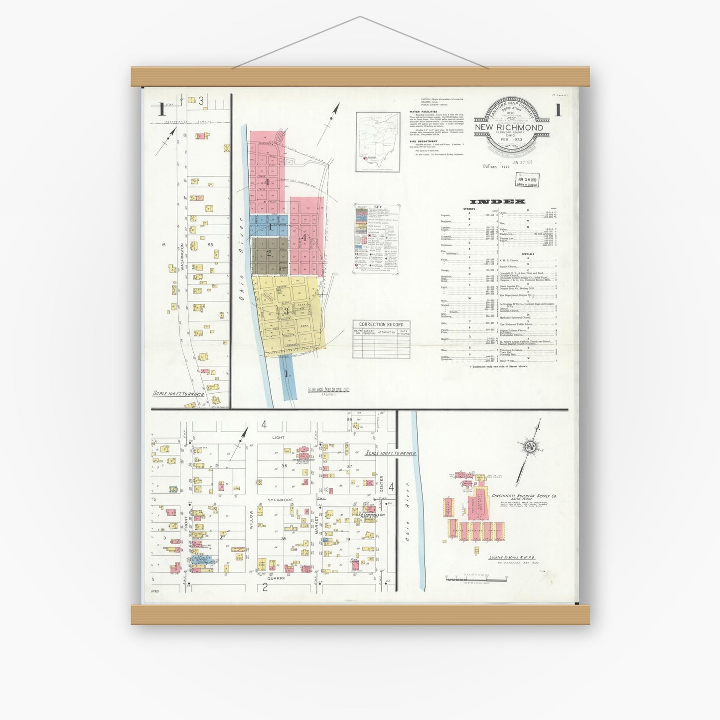 Old map wall art mockup — magnetic wood frame on white wall — Sanborn Fire Insurance Map from New Richmond, Clermont County, Ohio (1933), Sheet #0001