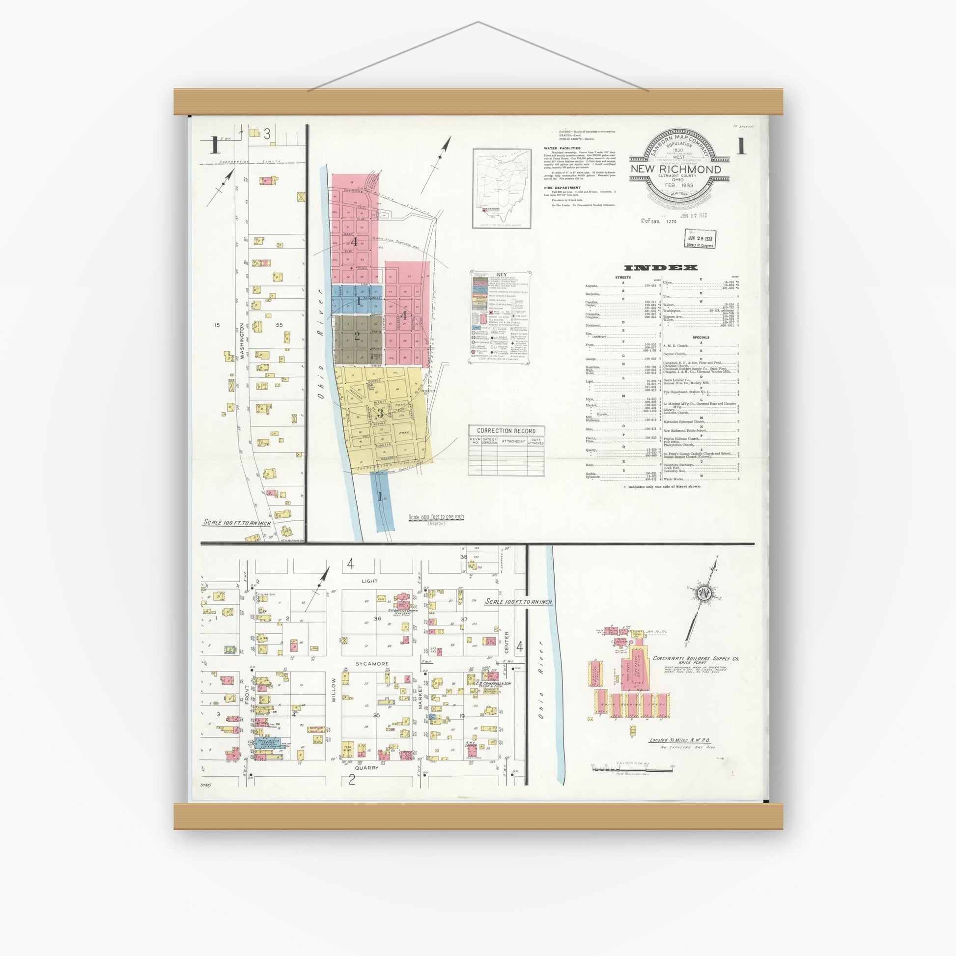 Old map wall art mockup — magnetic wood frame on white wall — Sanborn Fire Insurance Map from New Richmond, Clermont County, Ohio (1933), Sheet #0001