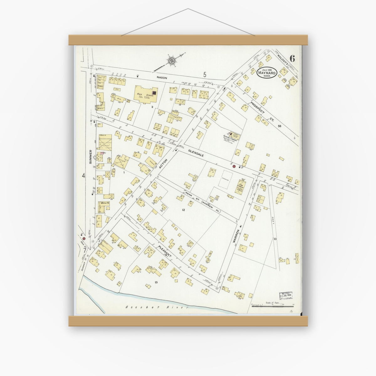 Old map wall art mockup — magnetic wood frame on white wall — Sanborn Fire Insurance Map from Maynard, Middlesex County, Massachusetts (1910), Sheet #0006