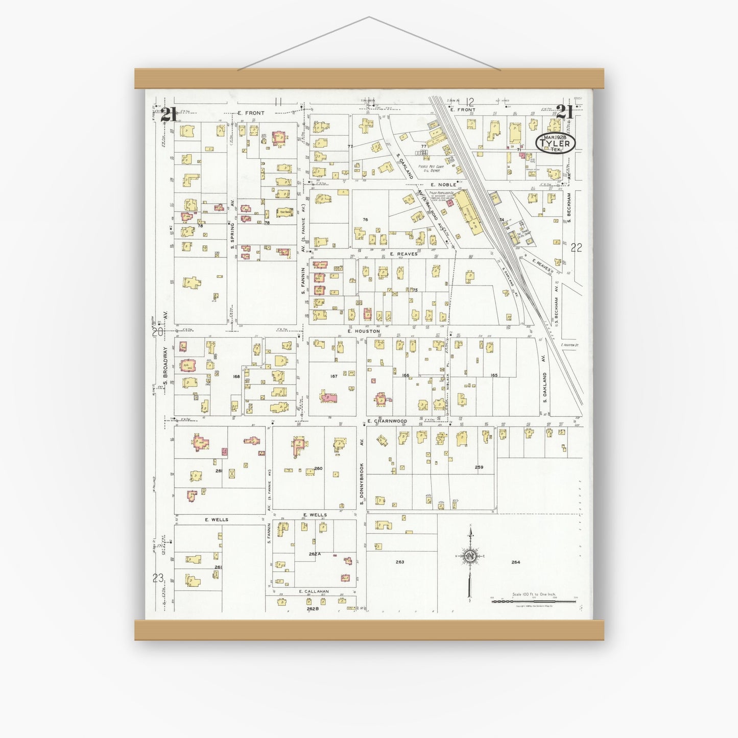 Old map wall art mockup — magnetic wood frame on white wall — Sanborn Fire Insurance Map from Tyler, Smith County, Texas (1928), Sheet #0021