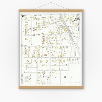 Old map wall art mockup — magnetic wood frame on white wall — Sanborn Fire Insurance Map from Tyler, Smith County, Texas (1928), Sheet #0021