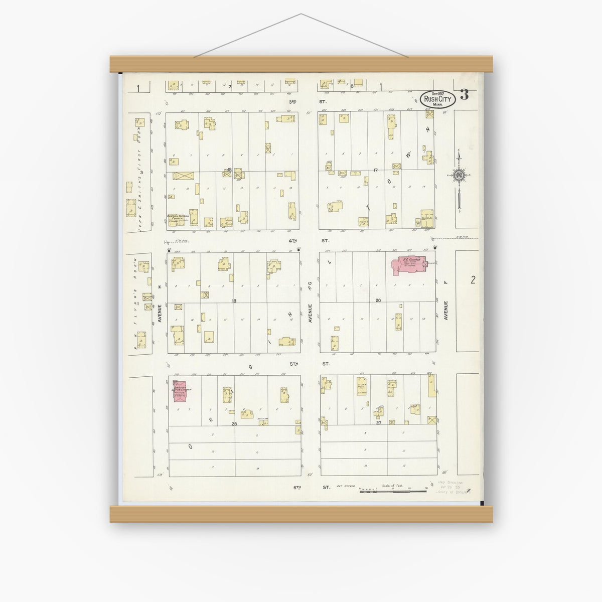 Old map wall art mockup — magnetic wood frame on white wall — Sanborn Fire Insurance Map from Rush City, Chisago County, Minnesota (1912), Sheet #0003