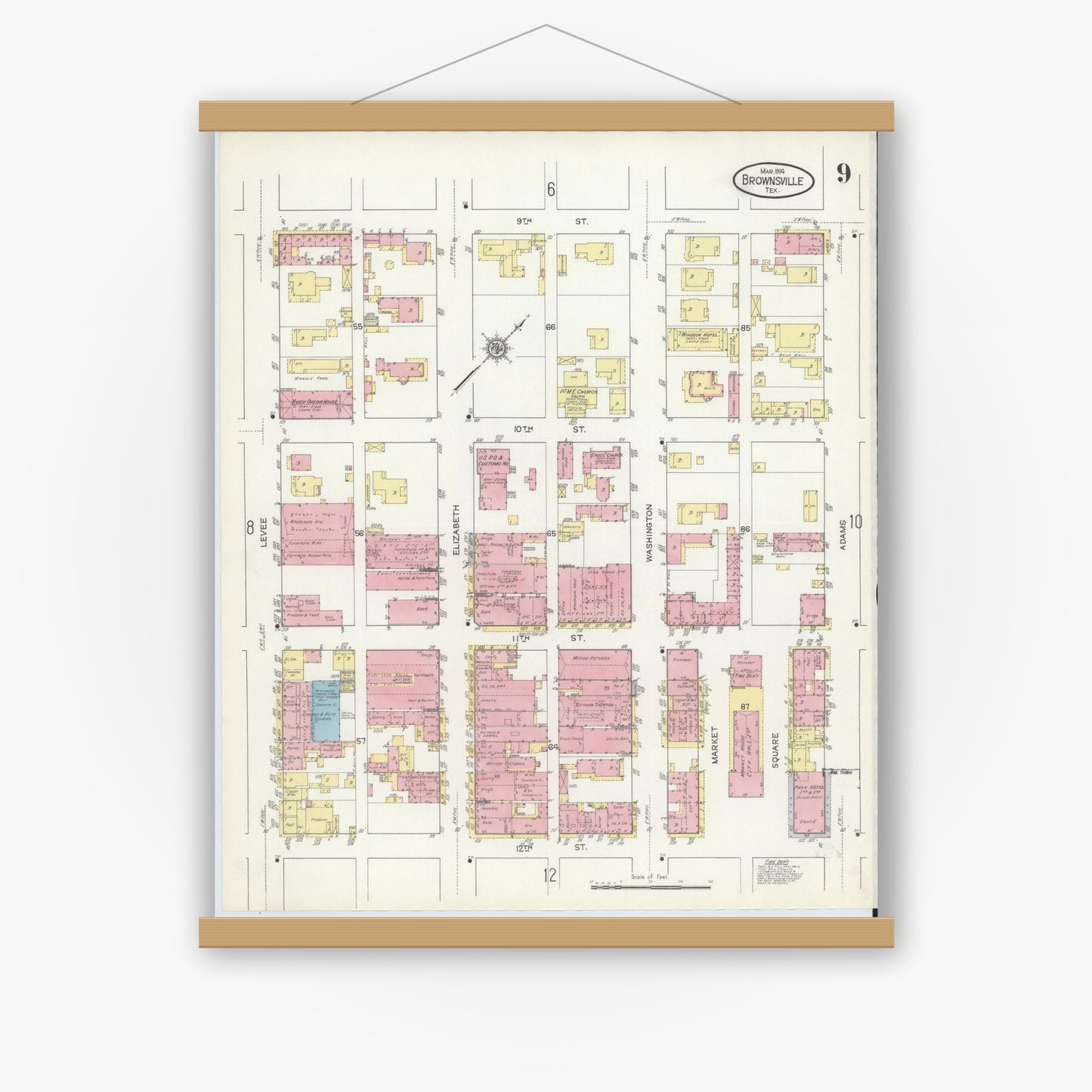 Old map wall art mockup — magnetic wood frame on white wall — Sanborn Fire Insurance Map from Brownsville, Cameron County, Texas (1914), Sheet #0009