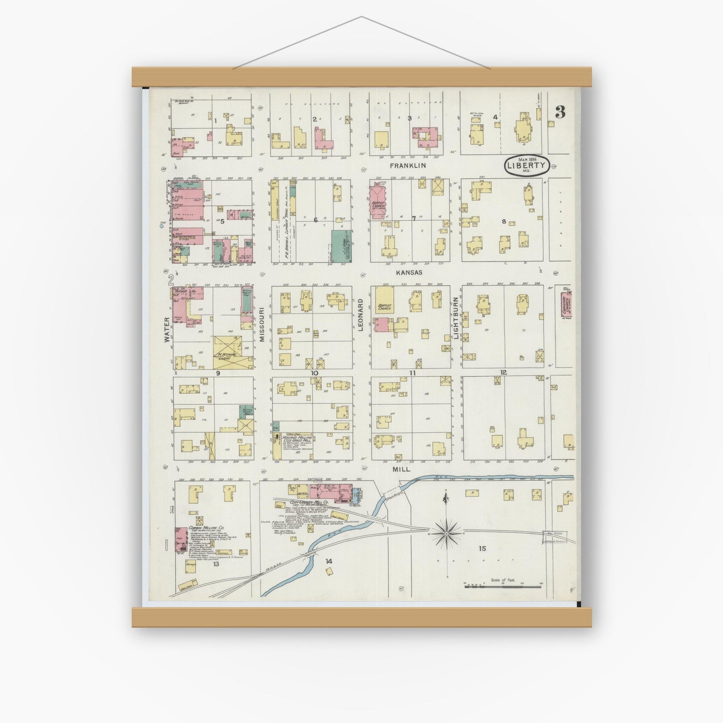 Old map wall art mockup — magnetic wood frame on white wall — Sanborn Fire Insurance Map from Liberty, Clay County, Missouri (1894), Sheet #0003
