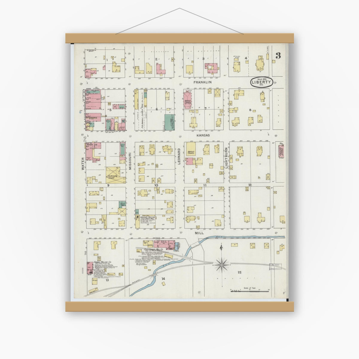 Old map wall art mockup — magnetic wood frame on white wall — Sanborn Fire Insurance Map from Liberty, Clay County, Missouri (1894), Sheet #0003