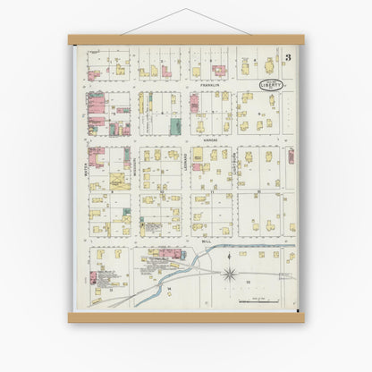 Old map wall art mockup — magnetic wood frame on white wall — Sanborn Fire Insurance Map from Liberty, Clay County, Missouri (1894), Sheet #0003