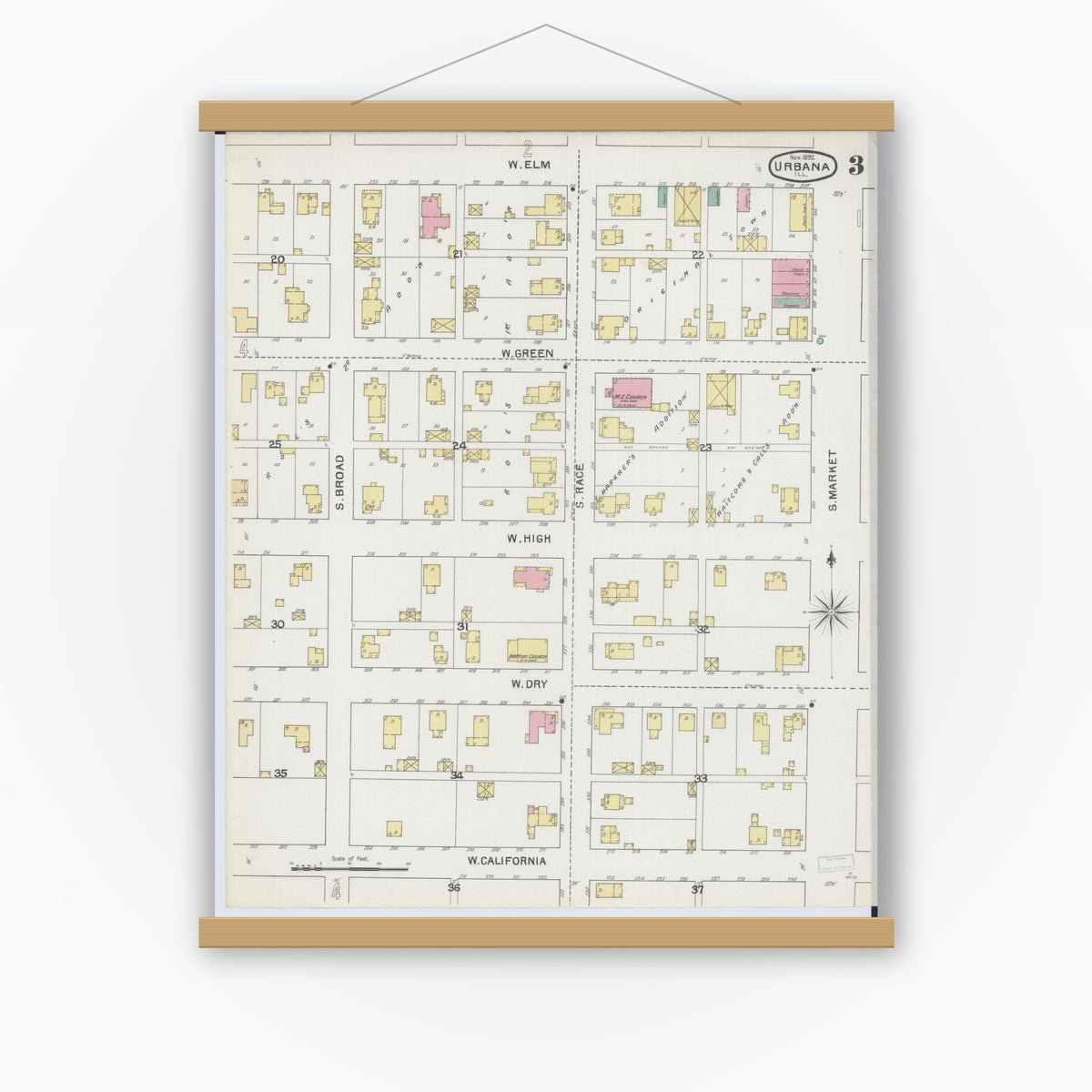Old map wall art mockup — magnetic wood frame on white wall — Sanborn Fire Insurance Map from Urbana, Champaign County, Illinois (1892), Sheet #0003