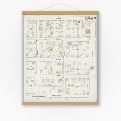 Old map wall art mockup — magnetic wood frame on white wall — Sanborn Fire Insurance Map from Urbana, Champaign County, Illinois (1892), Sheet #0003