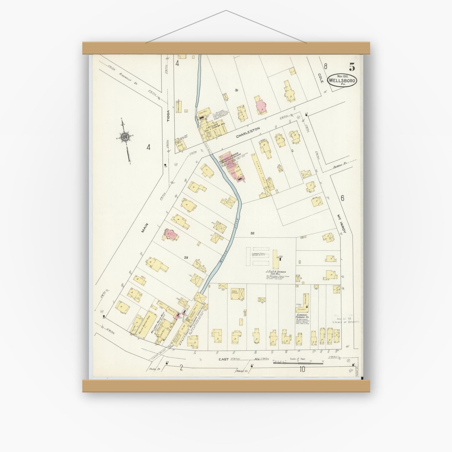 Old map wall art mockup — magnetic wood frame on white wall — Sanborn Fire Insurance Map from Wellsboro, Tioga County, Pennsylvania (1910), Sheet #0005