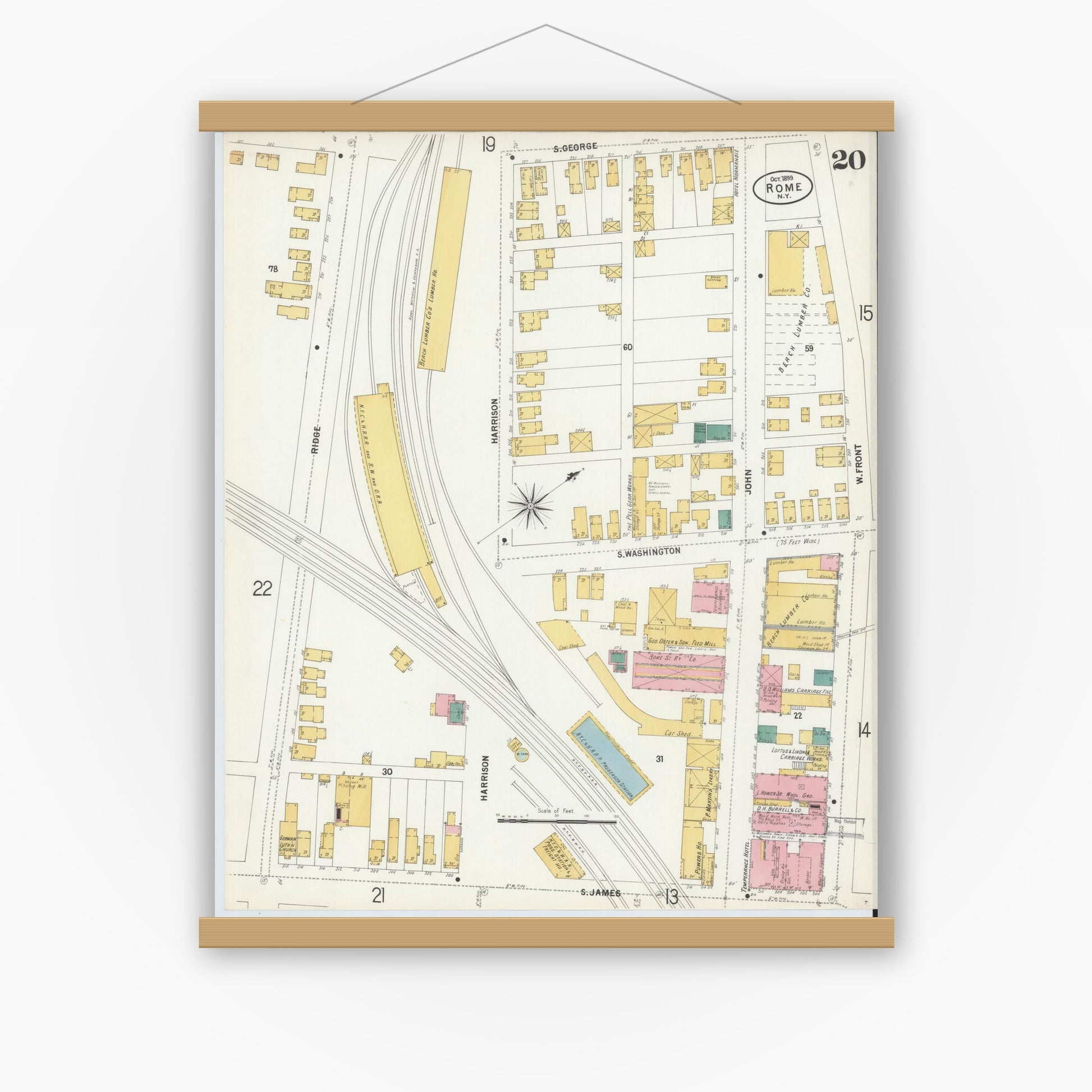 Old map wall art mockup — magnetic wood frame on white wall — Sanborn Fire Insurance Map from Rome, Oneida County, New York (1899), Sheet #0020