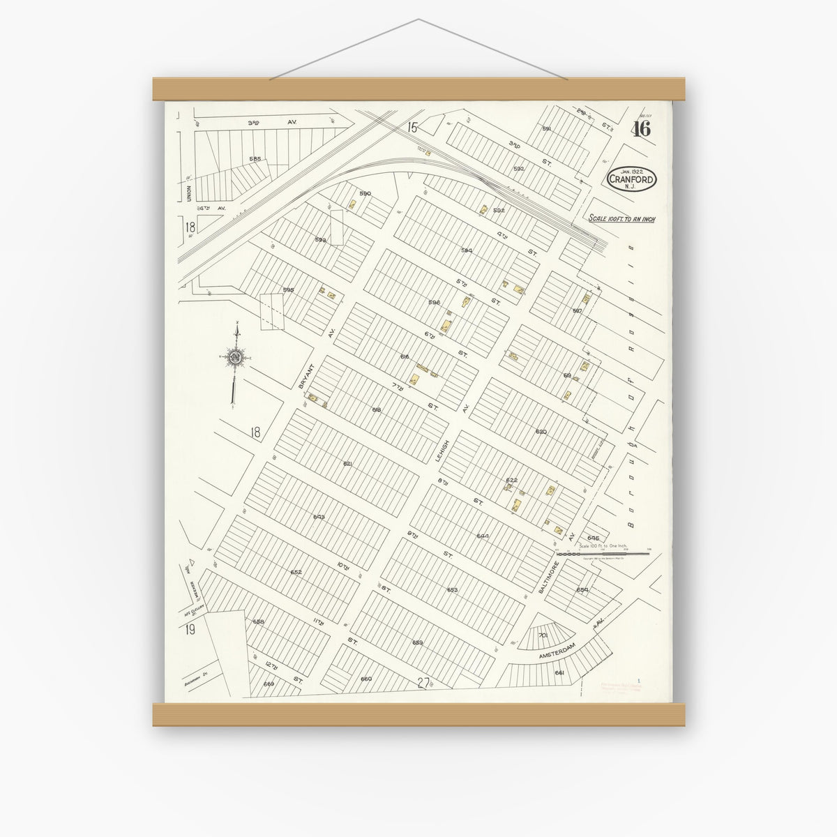 Old map wall art mockup — magnetic wood frame on white wall — Sanborn Fire Insurance Map from Cranford, Union County, New Jersey (1922), Sheet #0016