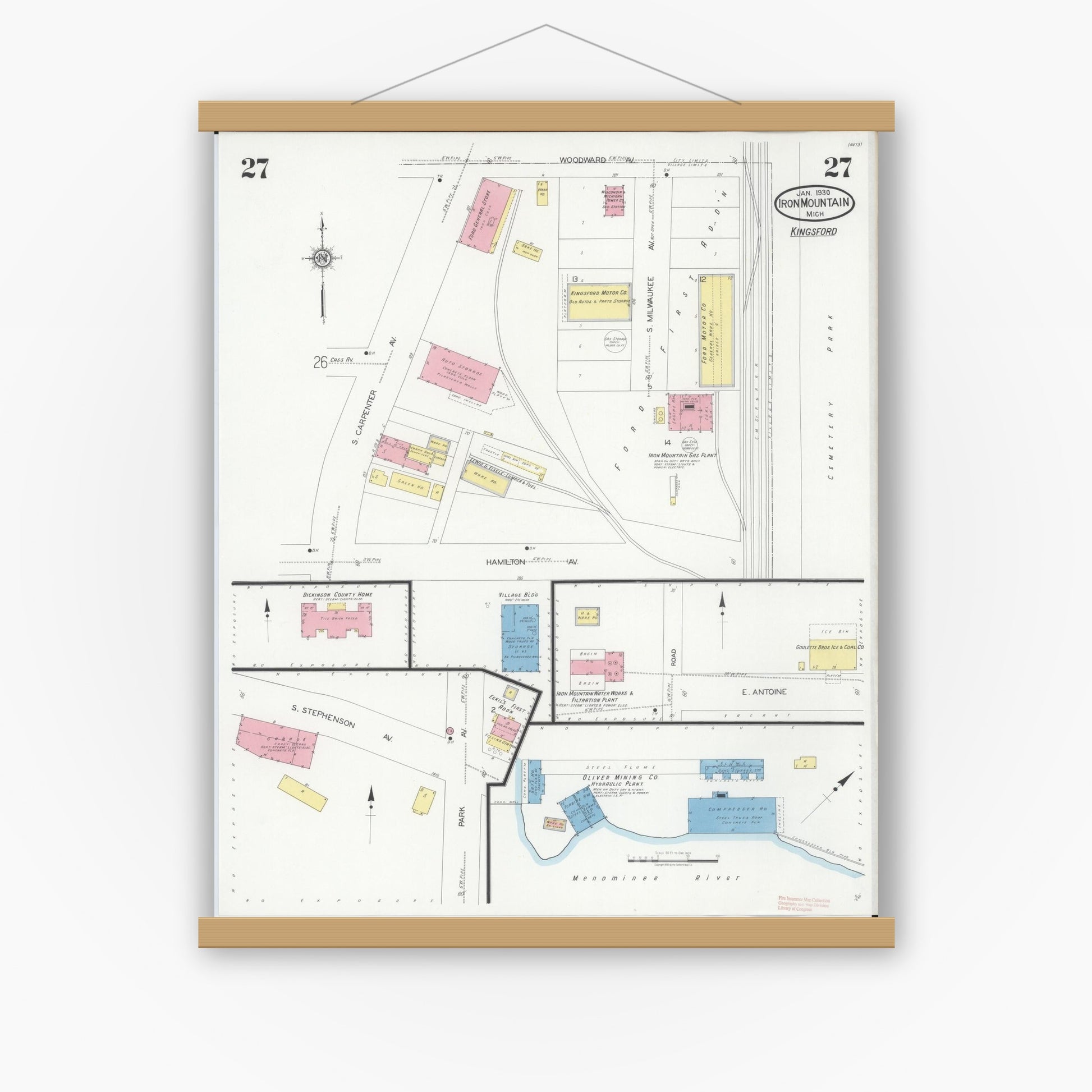 Old map wall art mockup — magnetic wood frame on white wall — Sanborn Fire Insurance Map from Iron Mountain, Dickinson County, Michigan (1930), Sheet #0027