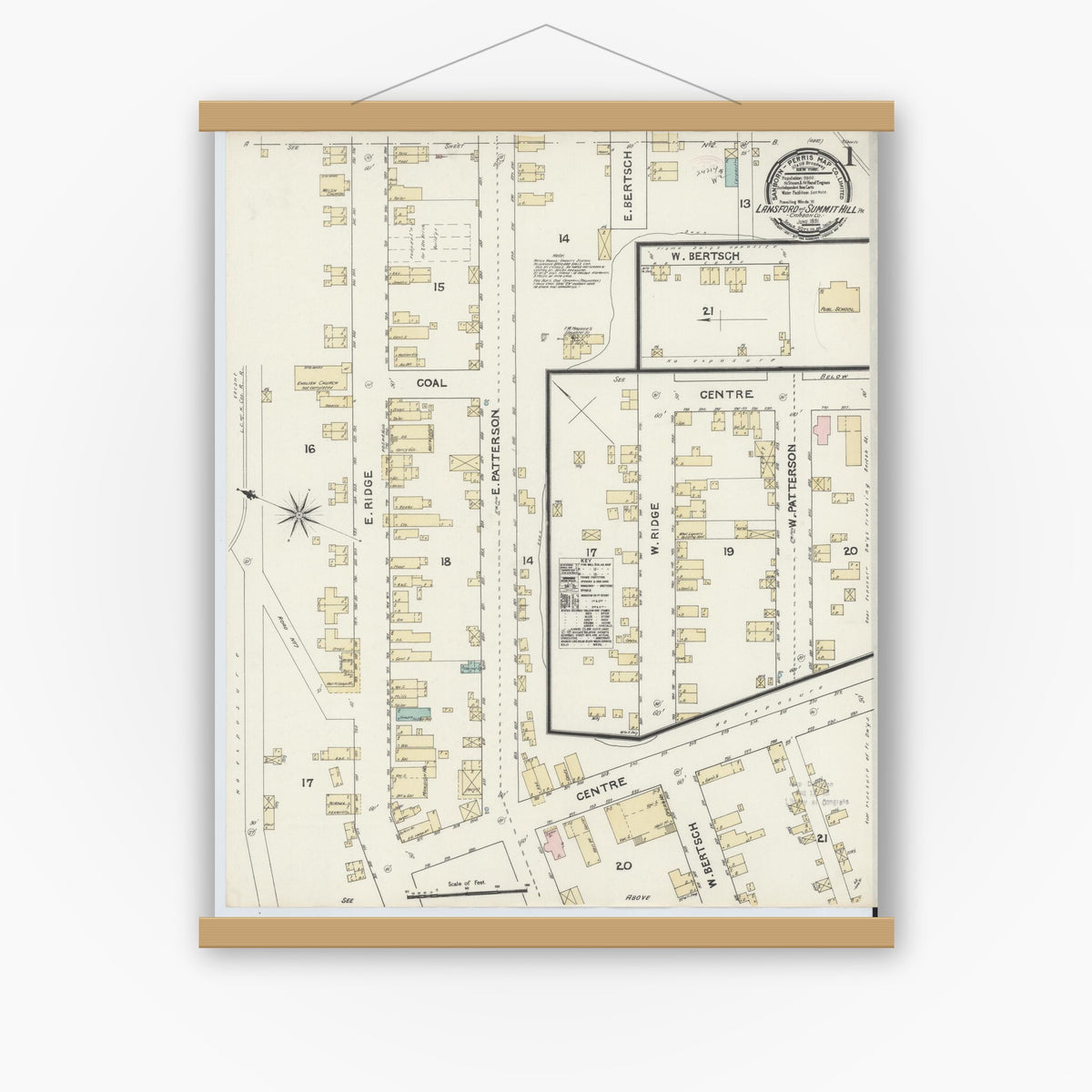 Old map wall art mockup — magnetic wood frame on white wall — Sanborn Fire Insurance Map from Lansford, Carbon County, Pennsylvania (1891) - Complete Map Set