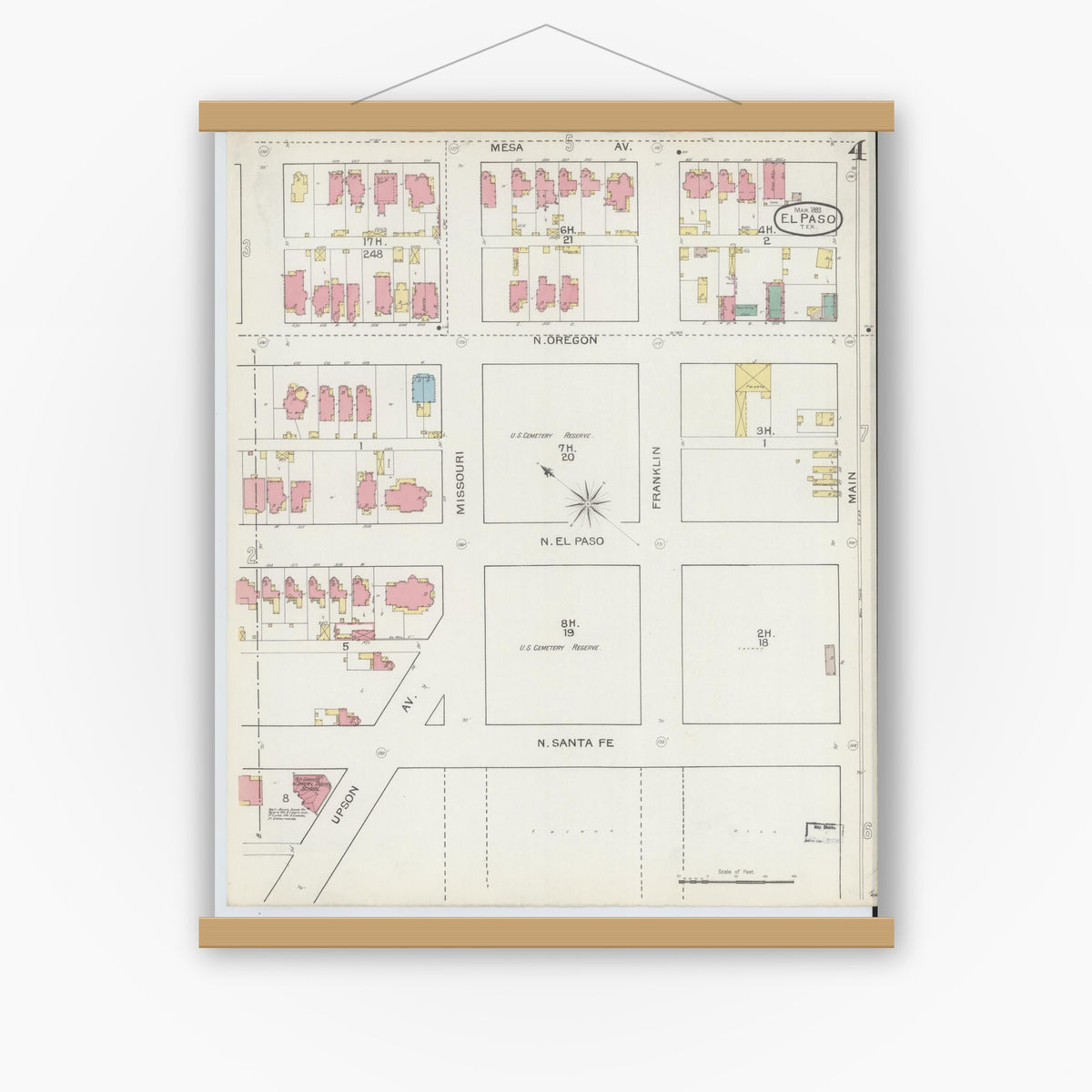Old map wall art mockup — magnetic wood frame on white wall — Sanborn Fire Insurance Map from El Paso, El Paso County, Texas (1893), Sheet #0004