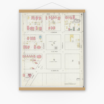 Old map wall art mockup — magnetic wood frame on white wall — Sanborn Fire Insurance Map from El Paso, El Paso County, Texas (1893), Sheet #0004