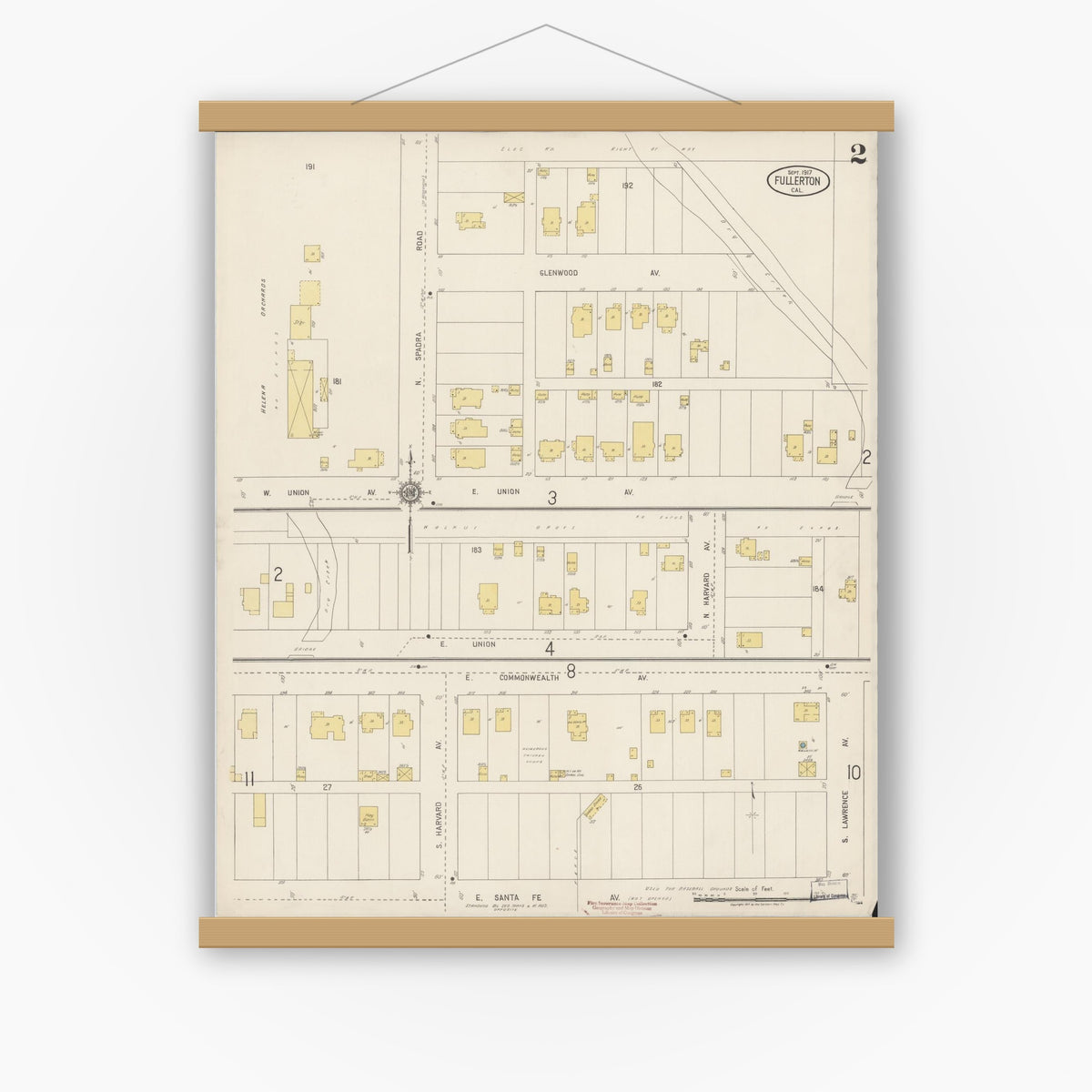 Old map wall art mockup — magnetic wood frame on white wall — Sanborn Fire Insurance Map from Fullerton, Orange County, California (1917), Sheet #0002