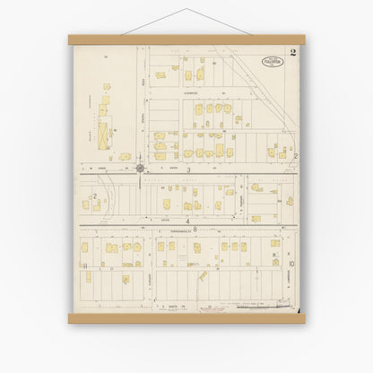 Old map wall art mockup — magnetic wood frame on white wall — Sanborn Fire Insurance Map from Fullerton, Orange County, California (1917), Sheet #0002