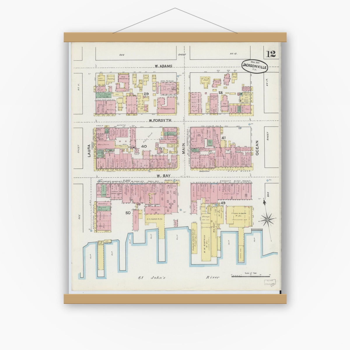 Old map wall art mockup — magnetic wood frame on white wall — Sanborn Fire Insurance Map from Jacksonville, Duval County, Florida (1891), Sheet #0012
