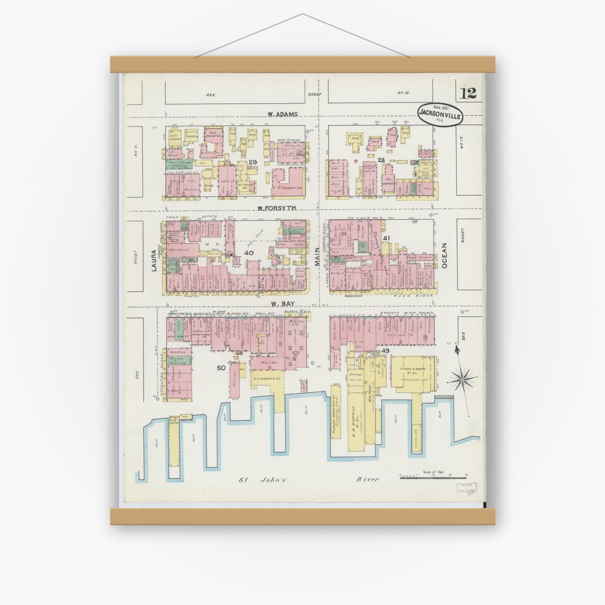 Old map wall art mockup — magnetic wood frame on white wall — Sanborn Fire Insurance Map from Jacksonville, Duval County, Florida (1891), Sheet #0012