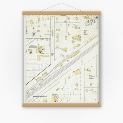 Old map wall art mockup — magnetic wood frame on white wall — Sanborn Fire Insurance Map from Malden, Dunklin County, Missouri (1895), Sheet #0002