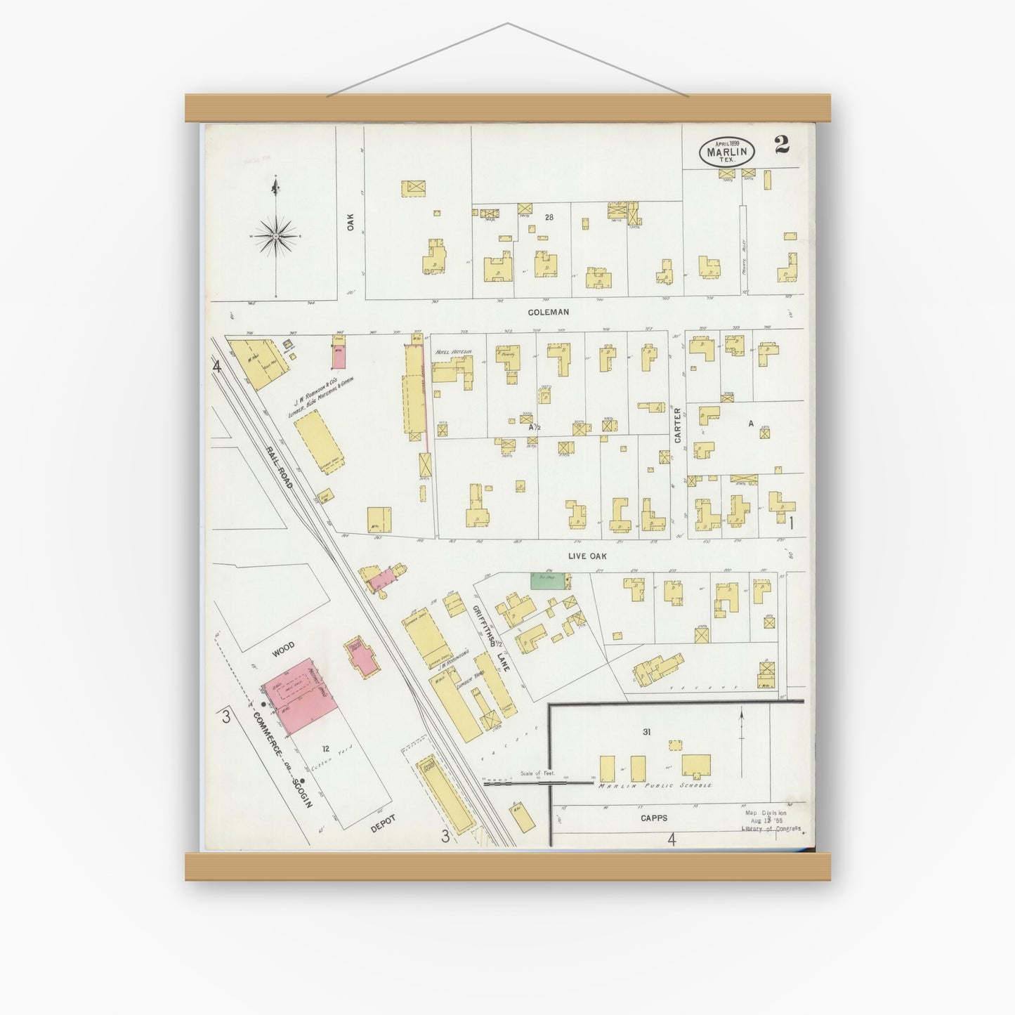 Old map wall art mockup — magnetic wood frame on white wall — Sanborn Fire Insurance Map from Marlin, Falls County, Texas (1899), Sheet #0002