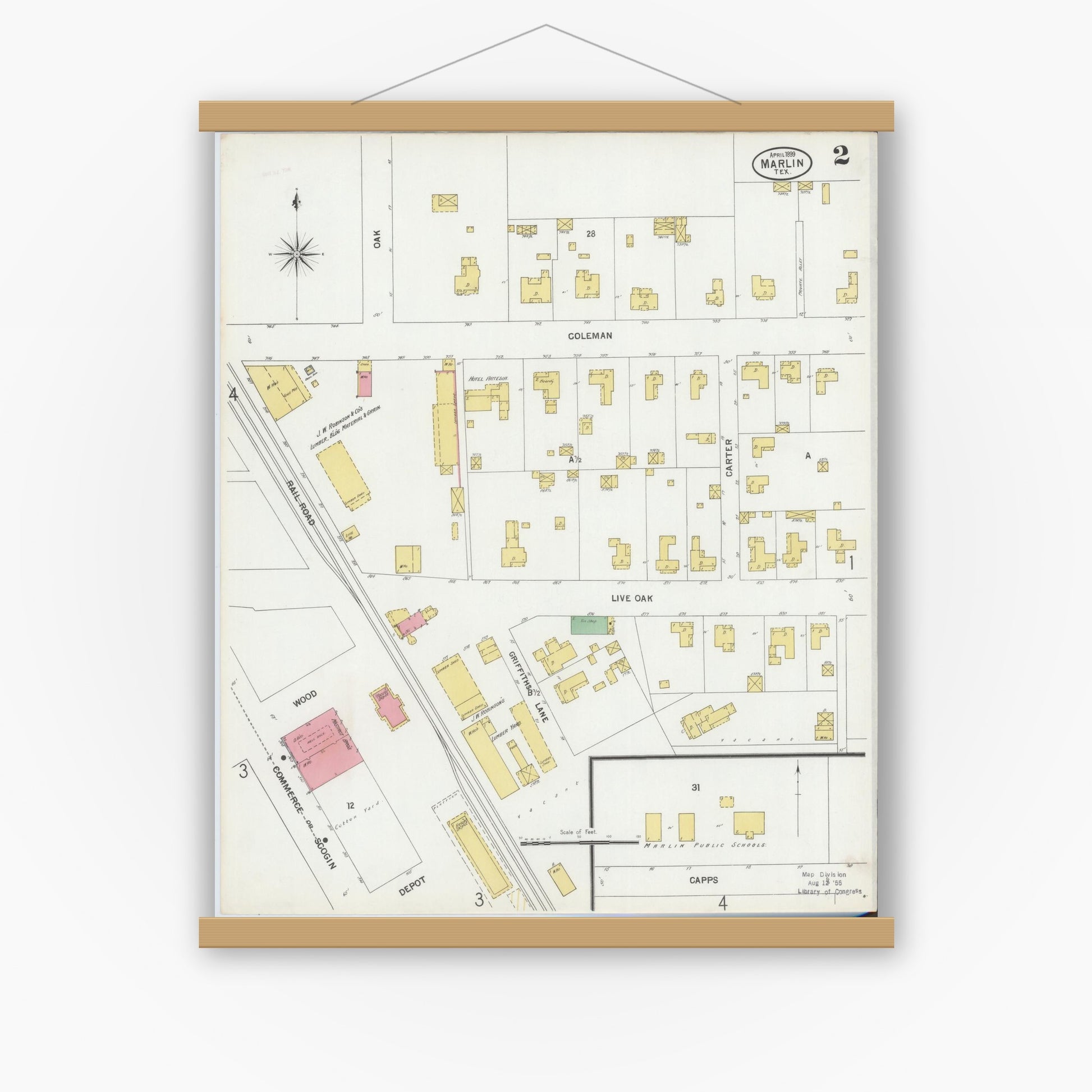 Old map wall art mockup — magnetic wood frame on white wall — Sanborn Fire Insurance Map from Marlin, Falls County, Texas (1899), Sheet #0002