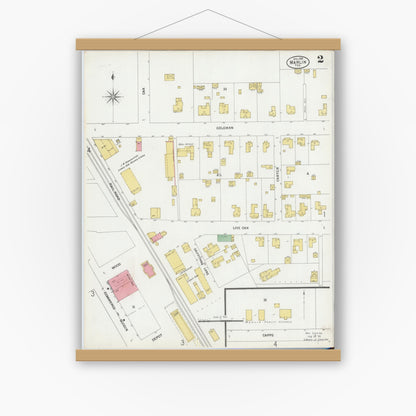 Old map wall art mockup — magnetic wood frame on white wall — Sanborn Fire Insurance Map from Marlin, Falls County, Texas (1899), Sheet #0002