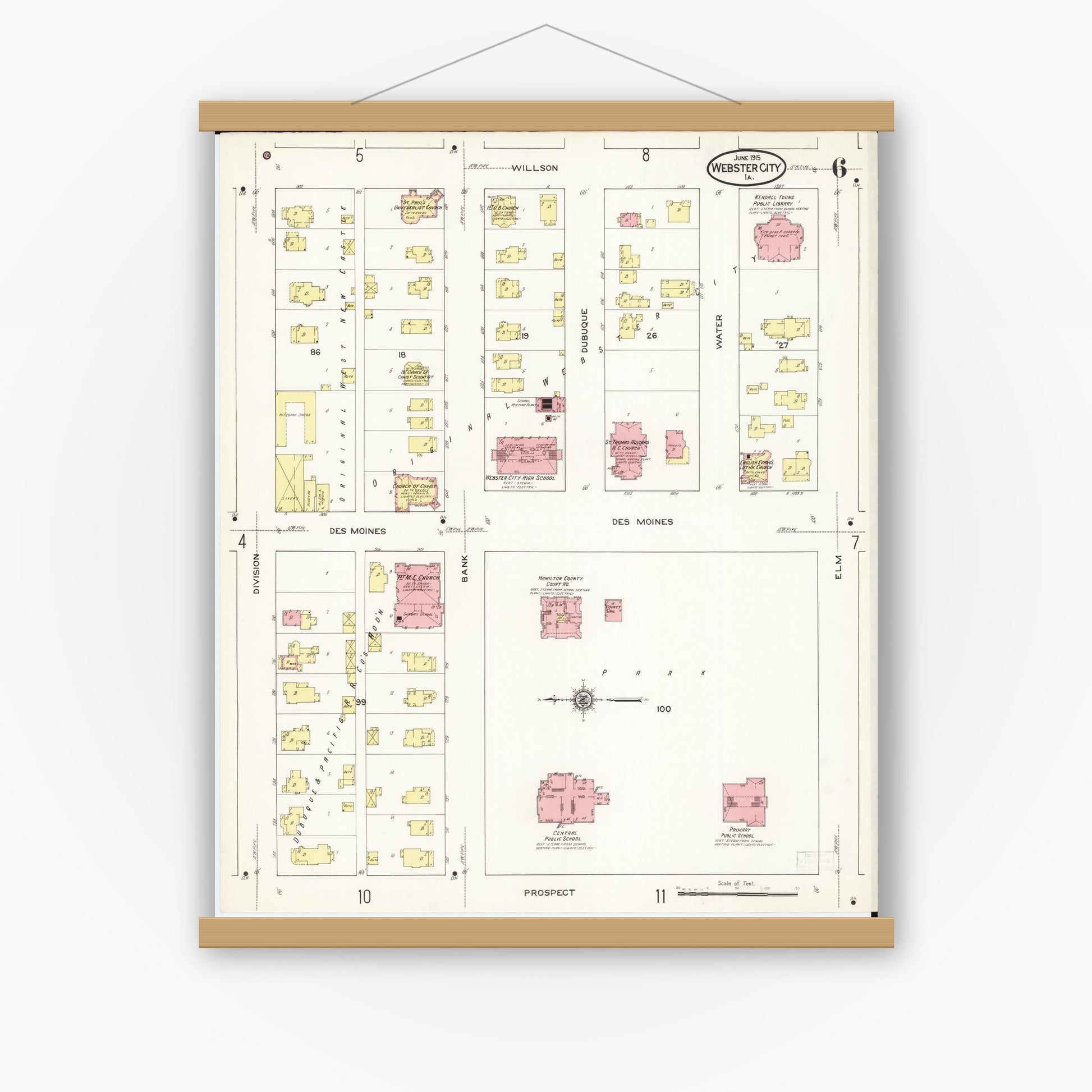Old map wall art mockup — magnetic wood frame on white wall — Sanborn Fire Insurance Map from Webster City, Hamilton County, Iowa (1915), Sheet #0006