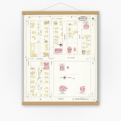 Old map wall art mockup — magnetic wood frame on white wall — Sanborn Fire Insurance Map from Webster City, Hamilton County, Iowa (1915), Sheet #0006