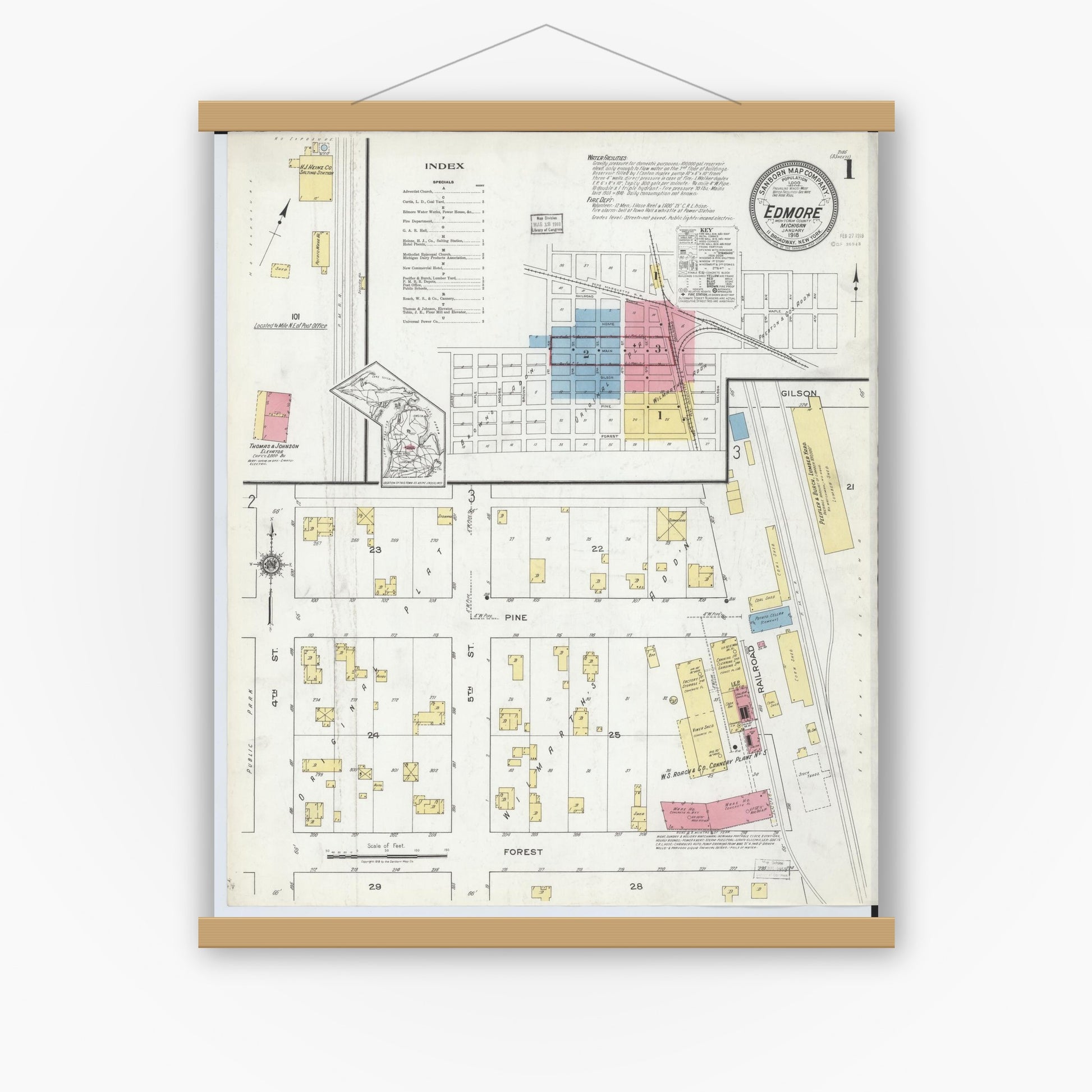 Old map wall art mockup — magnetic wood frame on white wall — Sanborn Fire Insurance Map from Edmore, Montcalm County, Michigan (1918), Sheet #0001