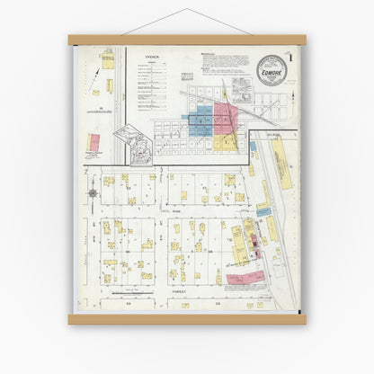 Old map wall art mockup — magnetic wood frame on white wall — Sanborn Fire Insurance Map from Edmore, Montcalm County, Michigan (1918), Sheet #0001
