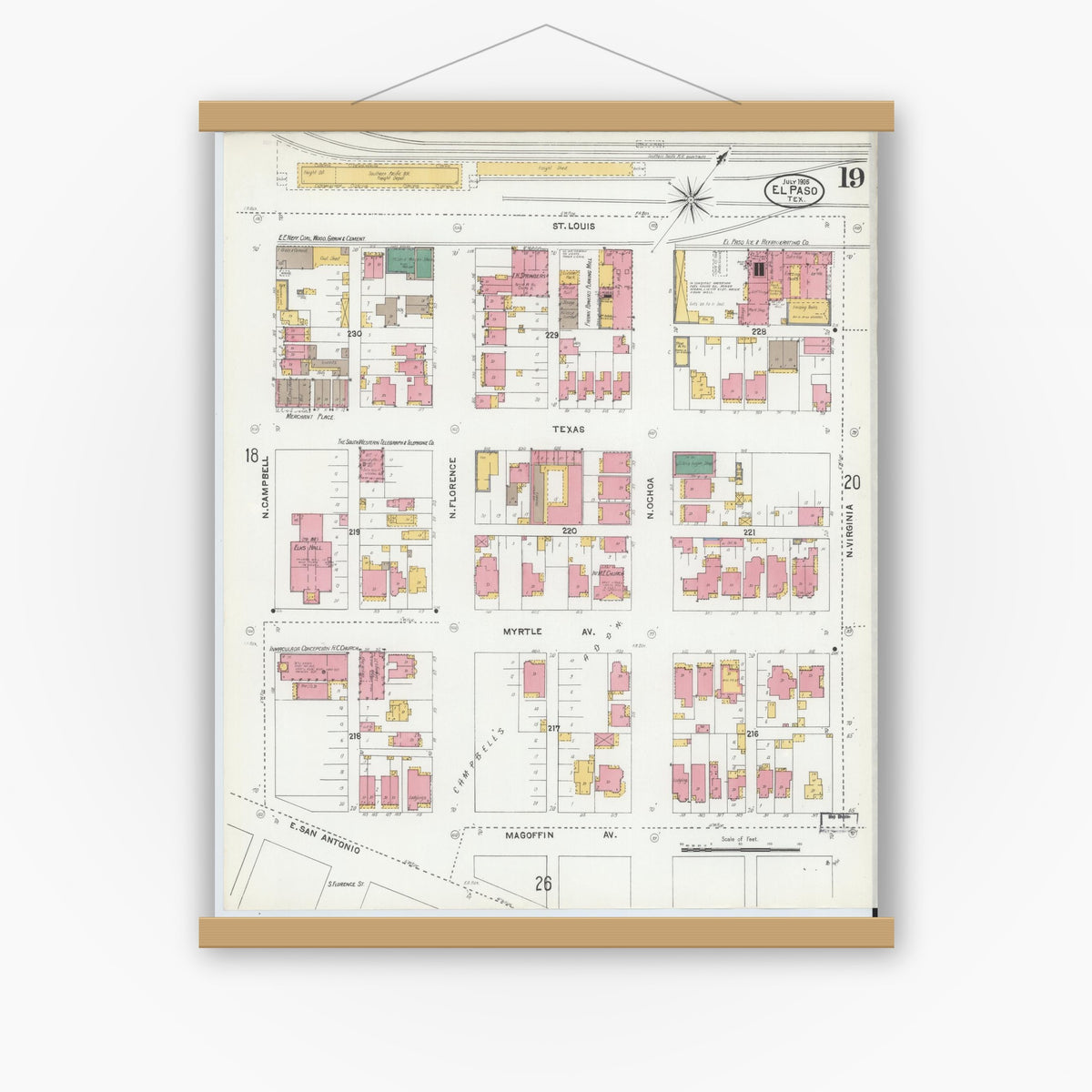 Old map wall art mockup — magnetic wood frame on white wall — Sanborn Fire Insurance Map from El Paso, El Paso County, Texas (1905), Sheet #0019