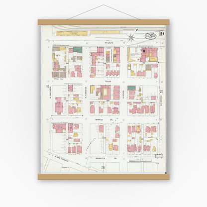 Old map wall art mockup — magnetic wood frame on white wall — Sanborn Fire Insurance Map from El Paso, El Paso County, Texas (1905), Sheet #0019