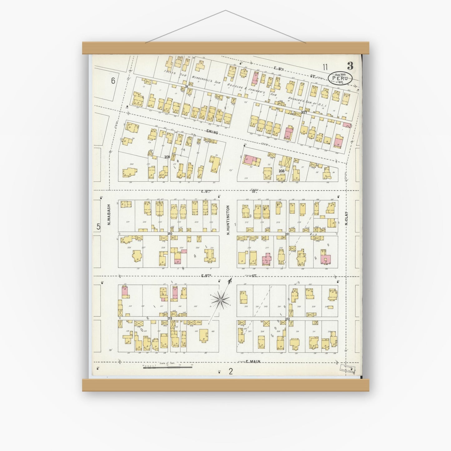 Old map wall art mockup — magnetic wood frame on white wall — Sanborn Fire Insurance Map from Peru, Miami County, Indiana (1899), Sheet #0003