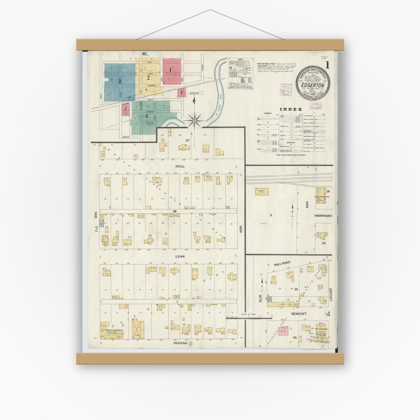Old map wall art mockup — magnetic wood frame on white wall — Sanborn Fire Insurance Map from Edgerton, Williams County, Ohio (1908) - Complete Map Set