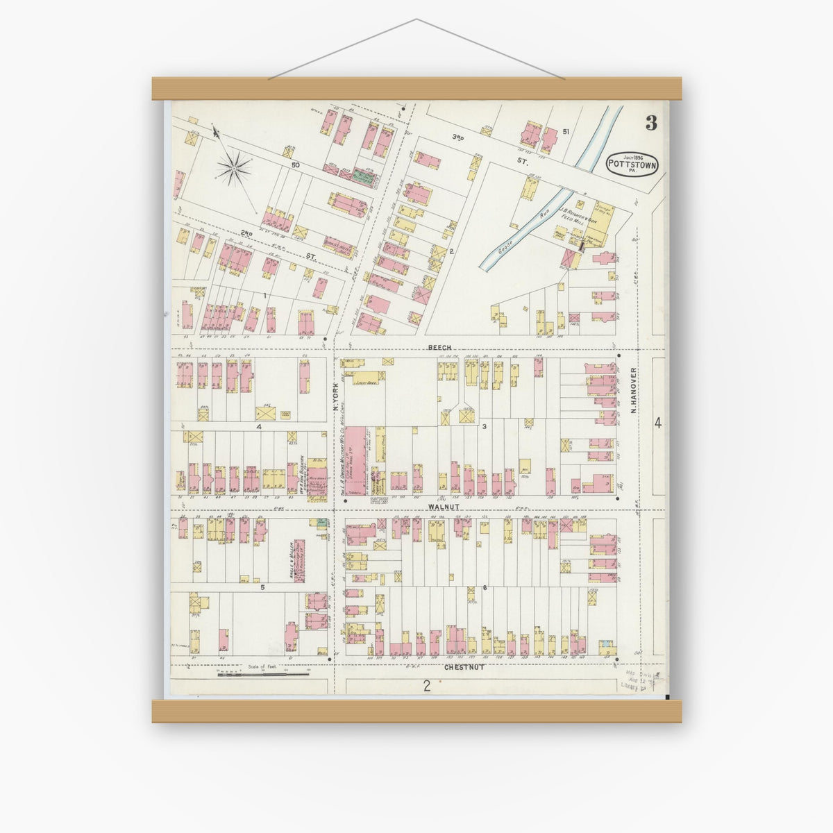 Old map wall art mockup — magnetic wood frame on white wall — Sanborn Fire Insurance Map from Pottstown, Montgomery County, Pennsylvania (1896), Sheet #0003