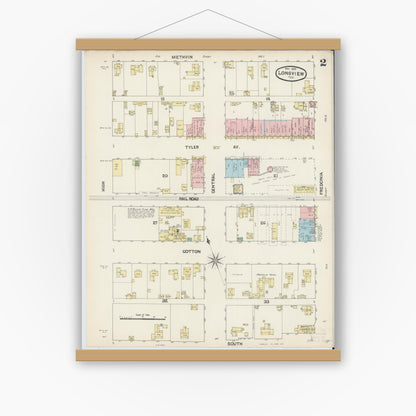 Old map wall art mockup — magnetic wood frame on white wall — Sanborn Fire Insurance Map from Longview, Gregg County, Texas (1890), Sheet #0002