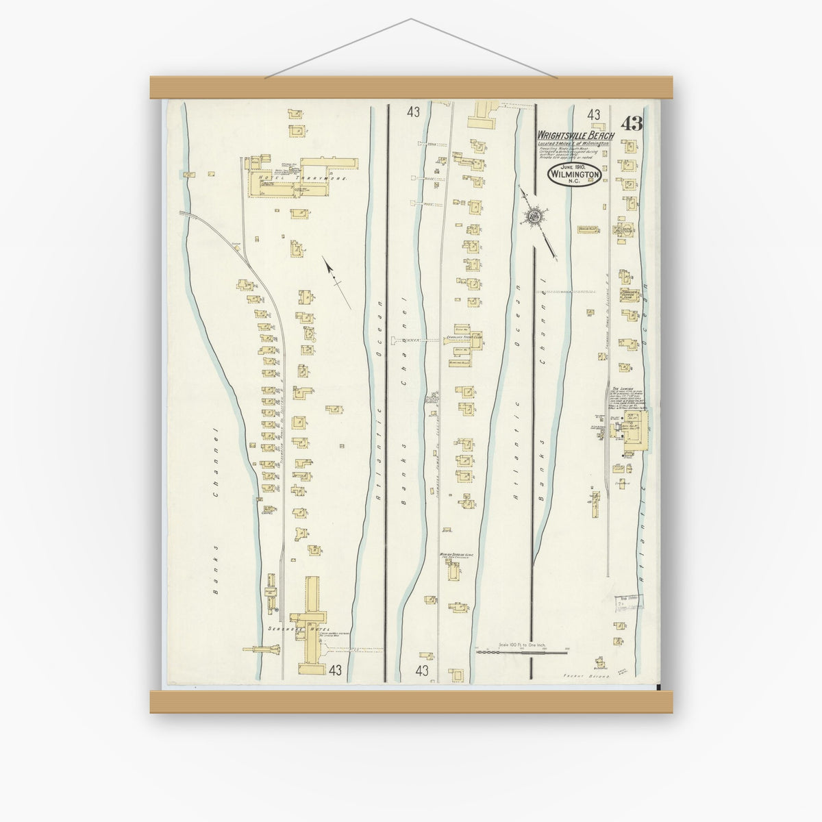 Old map wall art mockup — magnetic wood frame on white wall — Sanborn Fire Insurance Map from Wilmington, New Hanover County, North Carolina (1910), Sheet #0043